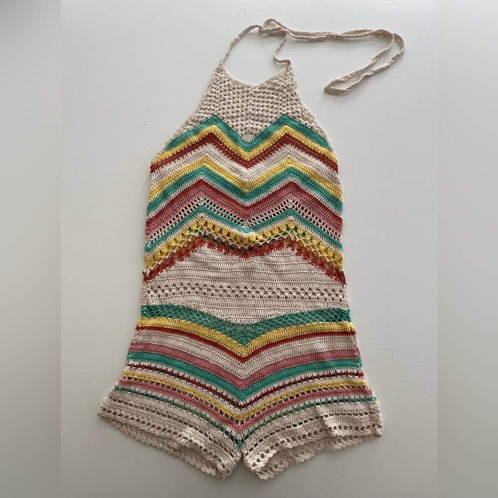 Striped Crochet Halter Romper cotton Pastel S - Picture 4 of 14